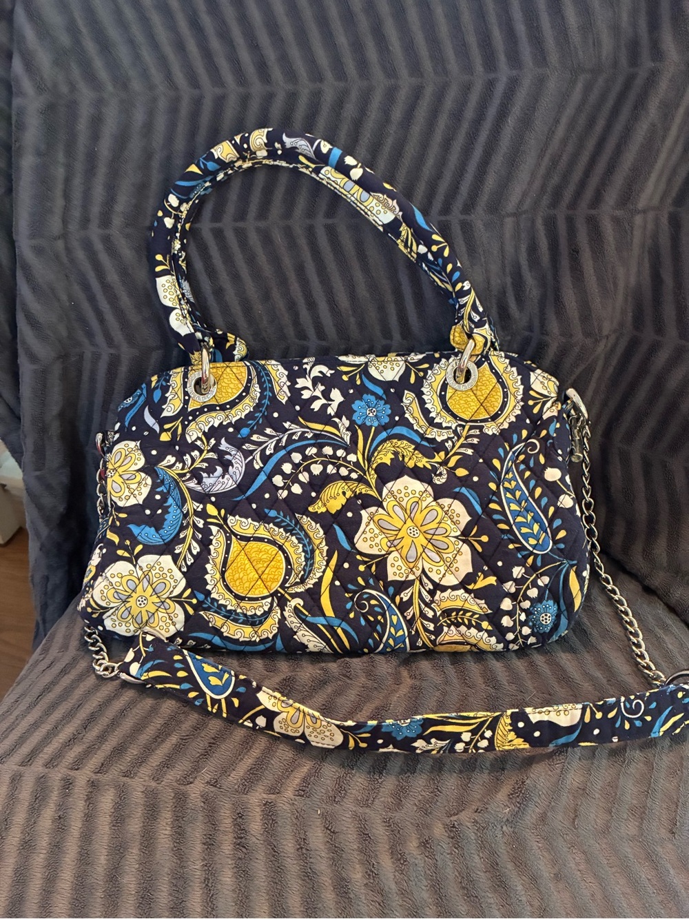 Retired Ellie Blue Vera Bradley Navy and Yellow Floral Quilted Shoulder Bag